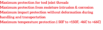 Maximum protection for tool joint threads
Maximum protection from moisture intrusion & corrosion
Maximum impact protection without deformation during handling and transportation
Maximum temperature protection (-50F to +150F, -46C to +66C)